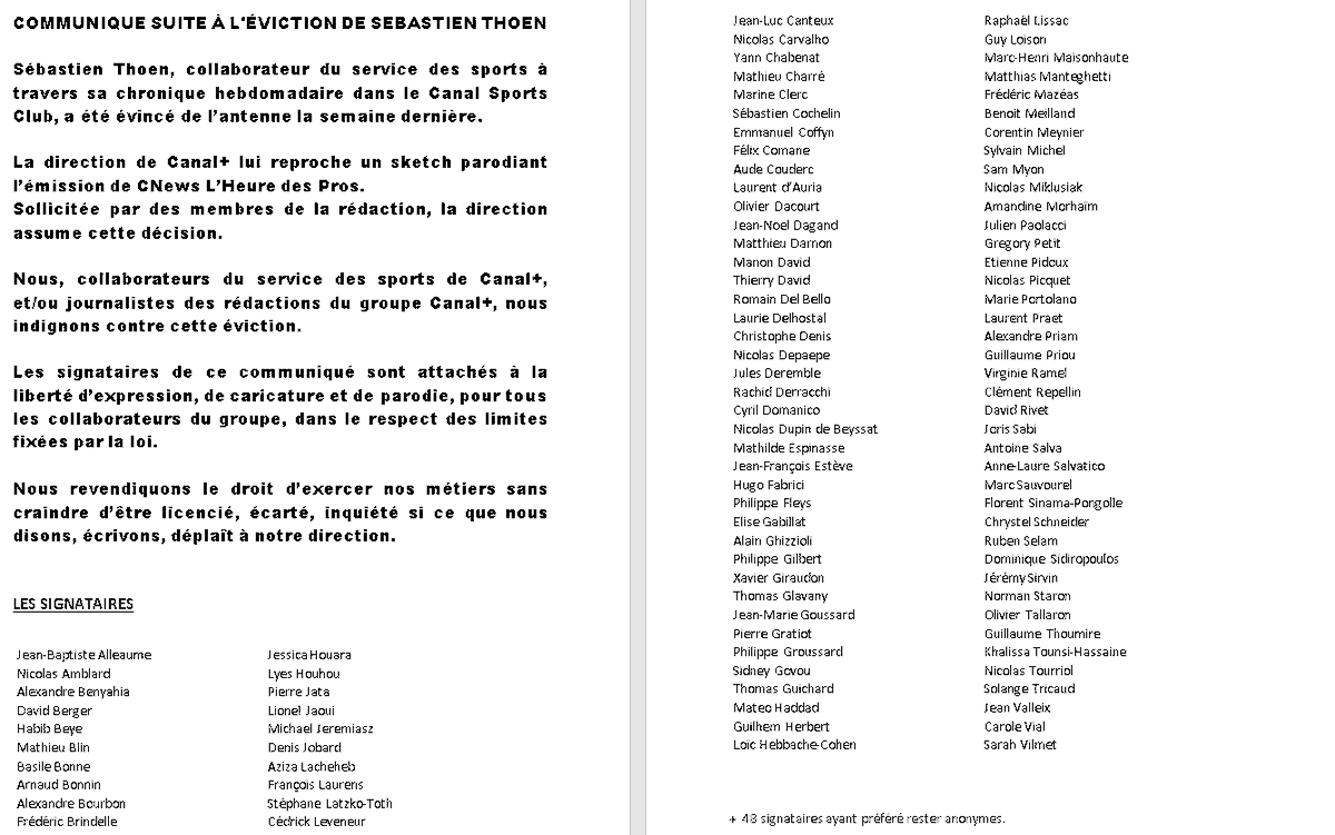 150 personnes ont signé pour défendre la liberté d'expression et de ton. 

Beaucoup d'autres dans le groupe Canal+, nous le savons, sont en accord avec ces principes. C'est selon nous ce qu'il faut retenir. 

Ne créons pas de clivage là où il n'y en pas.