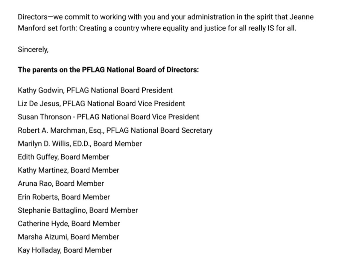 PFLAG's tweet photo. The parents on the #PFLAG National Board sent a letter to #PresidentElectJoeBiden. 

@JoeBiden, we commit to working with you and your administration in the spirit that our founder Jeanne Manford set forth: Creating a country where equality and justice for all really IS for all. https://t.co/LKR35YW8tj