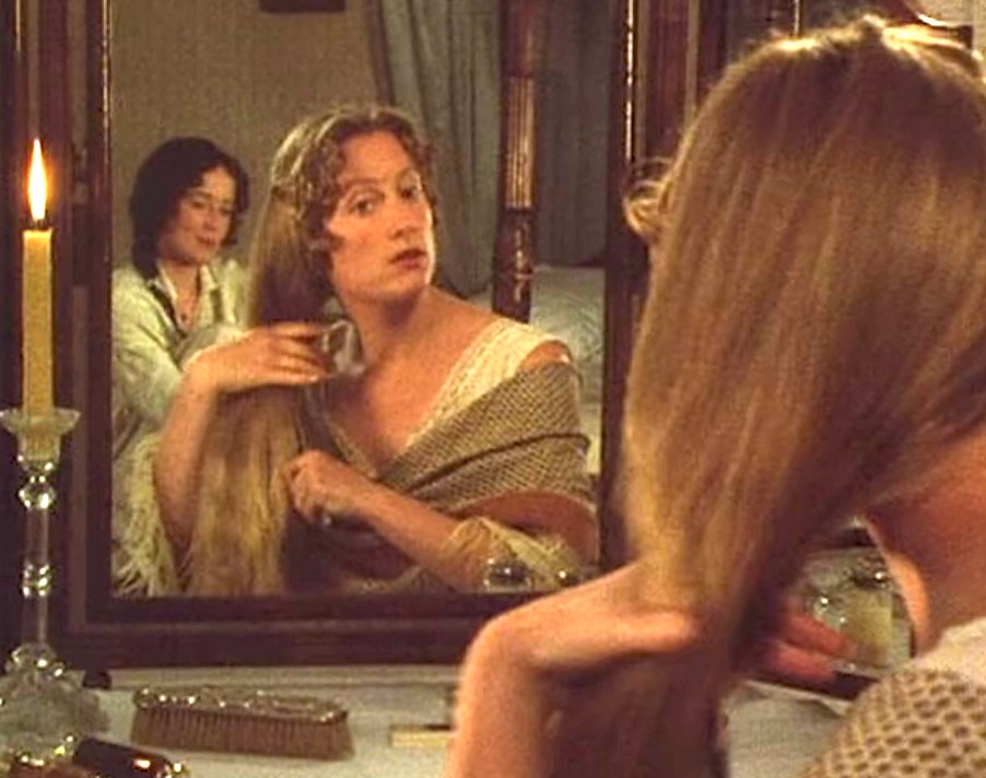 Susannah Harker cut off lengths of her own gorgeous mane to create Jane's period-accurate fringe. She also looks delightfully like Austen's own idea of Jane, the only visual record we have of what the author thought her own characters looked like.