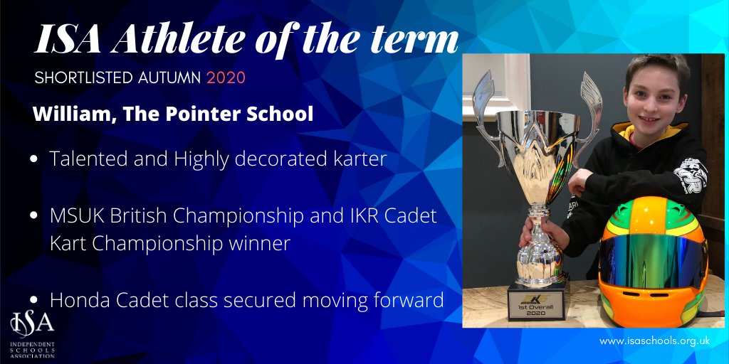 Your <a href="/isaschools/">The Independent Schools Association (ISA)</a> Athlete of the Term competition is open for voting! William from <a href="/PointerSchool/">The Pointer School</a> is a talented and highly decorated karter in need of your votes!

RT this original tweet to vote for William

Deadline for voting Midday Friday 11 December

#ISAathleteoftheterm