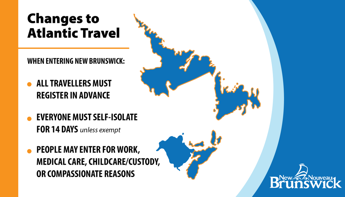 Gov_NB's tweet photo. Unless exempt, travellers entering NB are required to self-isolate for 14 days. This includes NB residents returning to NB from any of these provinces. They must also self-isolate for 14 days, unless exempt. (1/3) https://t.co/JJI6jd0KbE