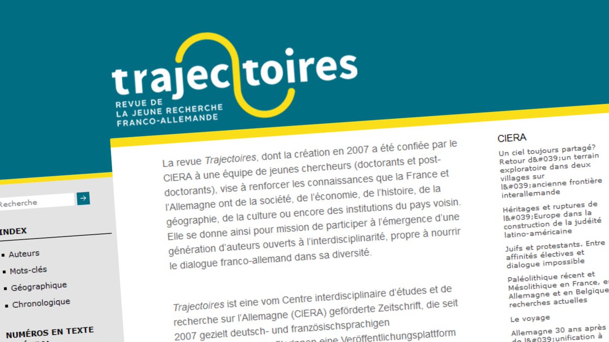 gipciera's tweet image. Contribuez à #Trajectoires ! Deux rubriques de la revue de la jeune recherche franco-allemande vous sont ouvertes. Une occasion unique pour donner une visibilité internationale et transdisciplinaire à votre travail. ⏳ 31 décembre
@OpenEditionActu 
🔗journals.openedition.org/trajectoires/5…