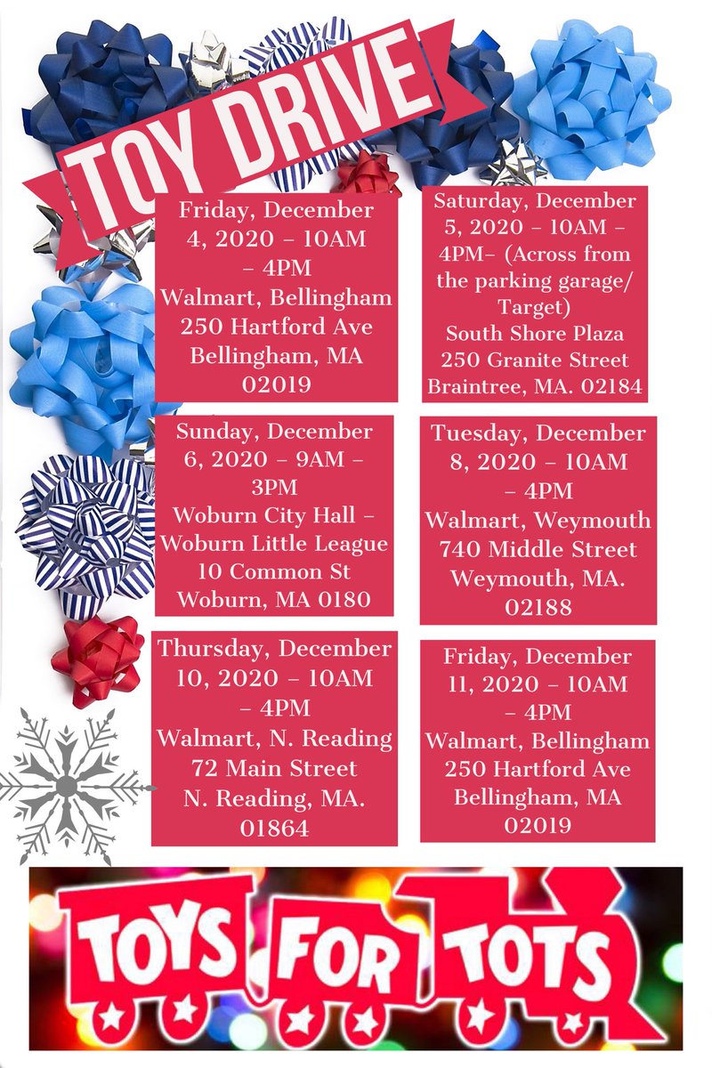 The <a href="/Toys4TotsBoston/">Toys for Tots Boston</a> is hosting several toy drives in the community during the coming days. They are in need of new, unwrapped toys. 

If you’re looking to help and are in a capacity to do so, new, unwrapped toys can be dropped off at the locations listed on this graphic.
