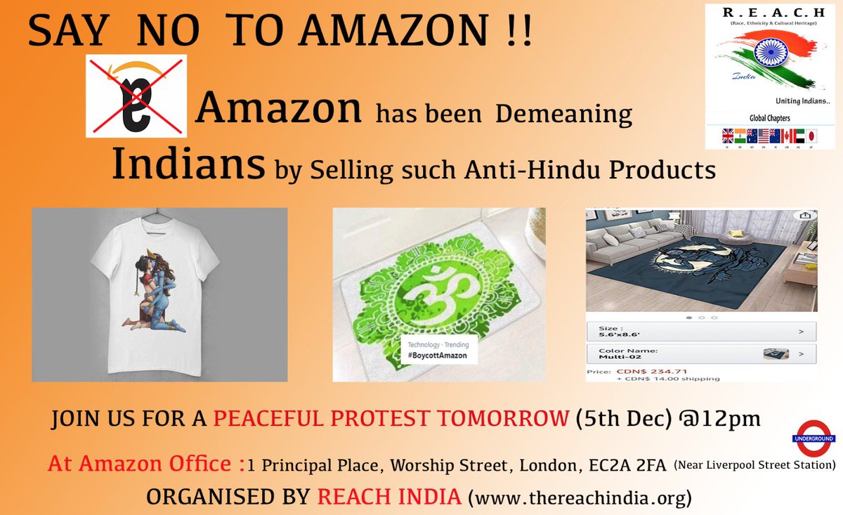 arifaajakia's tweet image. Aziz Doston,
@reachind_uk is organising protest against Amazon for persistently selling products demeaning Hindu religious signs.
We will be protesting at their office in London.
Kindly join us at 12 noon tomorrow &amp;amp; persuade your friends in UK to join this noble cause