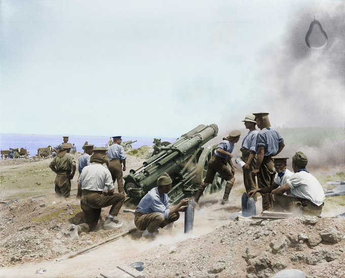 ThisDayInWWI's tweet photo. Dec 4 1915 Issue of Scientific American #OTD publishes this picture.

During the Gallipoli Campaign, war photographer Ernest Brooks took this photo, IWM Q 13340, of “a 60-pdr Battery in action in the open on top of the cliff 

Colourized by A_Humble_Pear
https://t.co/B0C9x4Jb5N https://t.co/1nxYGkCNBv