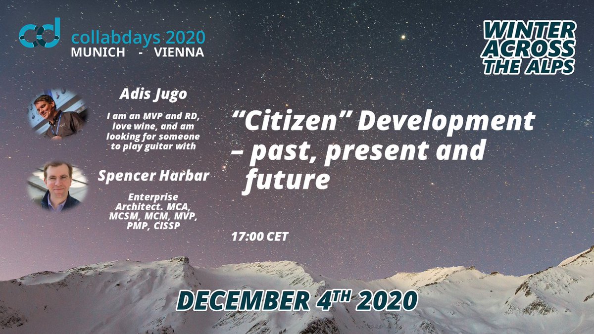 How do "Citizen Development" and "humerous journey" fit together in one sentence? Join <a href="/adisjugo/">Adis Jugo</a> and <a href="/harbars/">Spencer Harbar</a> at 17:00 CET to find out. 
#CollabdaysMUCVIE @collabdaysmuc @collabdaysvie #microsoft