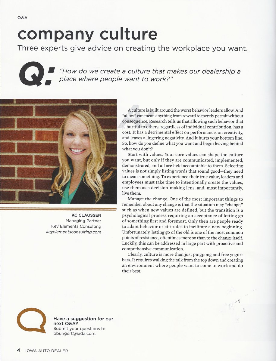 key_elements's tweet image. Thank you @IowaADA for the opportunity to participate in your expert Q&amp;amp;A on creating effective cultures in the latest Iowa Auto Dealer publication! #WorkplaceCulture #ValuesMatter #PeopleAndCulture