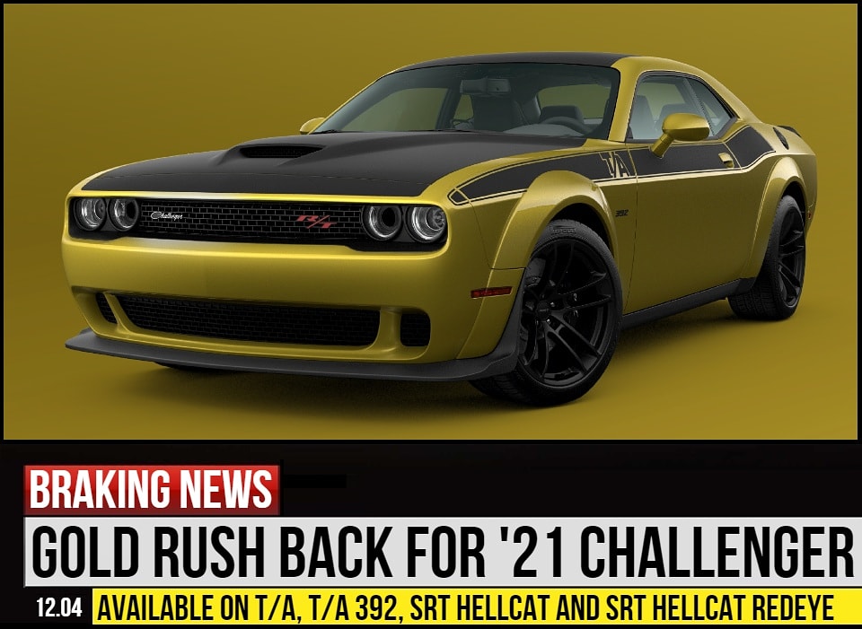 Due to enthusiast demand, Dodge brings back Gold Rush to Challengers color palette, an exterior color first introduced and only available on the 50th Anniversary Limited Edition commemorating the Challenger’s golden anniversary. ⚙ <a href="/Car_Sick_Nick/">Nick Cavanaugh</a>