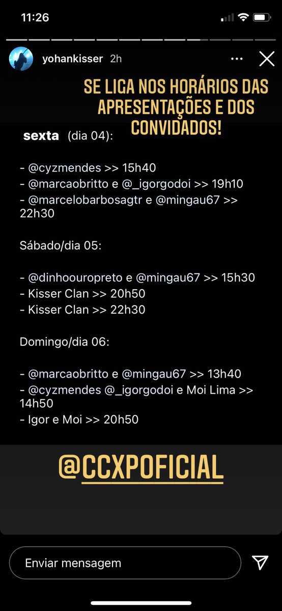 andreaskisser's tweet photo. Hoje, amanhã e Domingo Kisser Clan na @CCXPoficial com vários convidados especiais!! Today, tomorrow and Sunday Kisser Clan at #CCXP20 check out the performances times 🎼👊🏻🤘🏻 https://t.co/G8Ieo9Kiy8