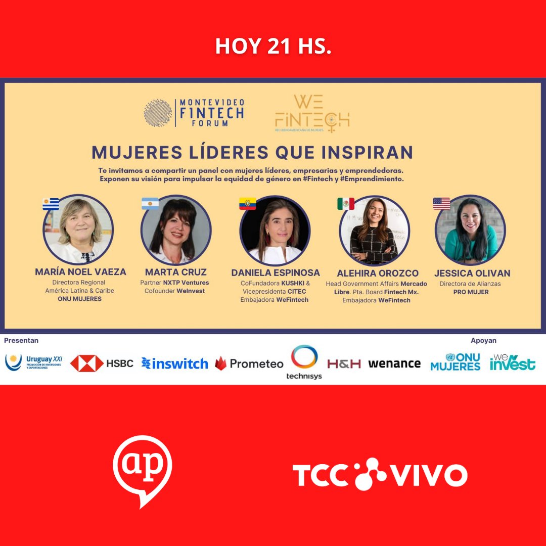Hoy 21 hs. <a href="/MvdFintechForum/">MVDFintech</a> <a href="/We_Fintech/">We_Fintech</a> en #AP <a href="/TCCoficial/">TCC</a> #TCCVivo <a href="/ONUMujeres/">ONU Mujeres</a> <a href="/promujer/">Pro Mujer</a>