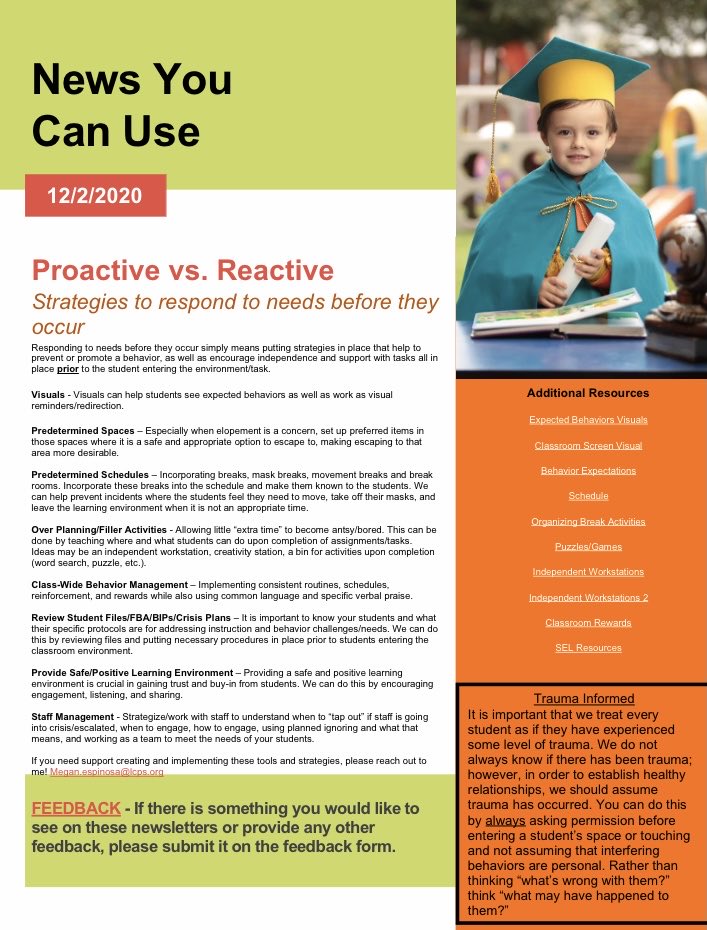News You Can Use: Proactive Vs. Reactive strategies. My amazing team of CTs are creating monthly one pagers to gather helpful resources to share with teachers. Let us know if you have any requests for future NYCU!