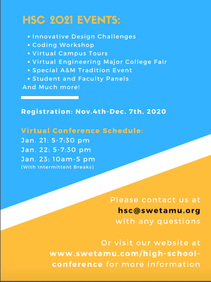 Juniors and Seniors, check out this opportunity for students interested in engineering from the Texas A&amp;M Society of Women Engineers.  

Registration for the Texas A&amp;M SWE High School Conference is available NOW until December 7th at swetamu.com/high-school-co….