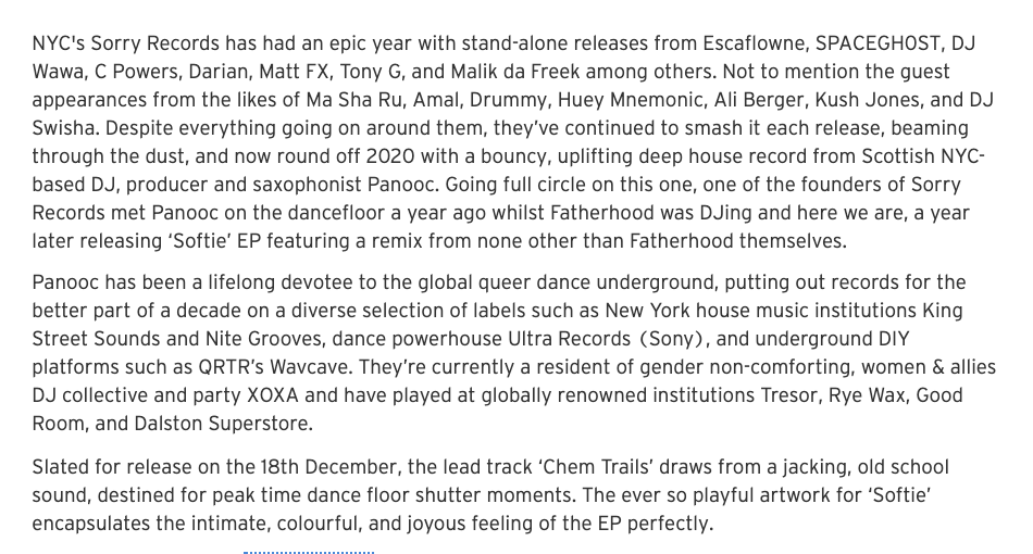 Lovely write up of the Panooc EP on <a href="/untitled909/">untitled 909</a> by the inimitable @chanelkadir 

I did met <a href="/PANOOCMusic/">PANOOC</a> at a <a href="/SublimateNYC/">Sublimate</a> party during a <a href="/fysicaltherapy/">physical therapy</a> <a href="/michaelmagnan/">Michael Magnan</a> set so wild to be doing this EP w/ them all a year later 🥰

bit.ly/panoochemtrails