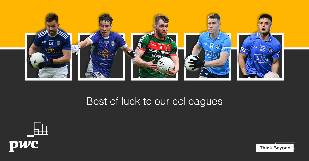 PwCIreland's tweet photo. Best of luck to our colleagues who are participating in this weekend's @officialgaa All-Ireland Senior Football Semi-Finals. 

@CavanCoBoardGaa's @NiallMurray90 and Danny Cusack
@DubGAAOfficial's @EoinMurchan and Con O'Callaghan
@MayoGAA's @SeamieShea

#PwCProud https://t.co/6LCkBoo6lm