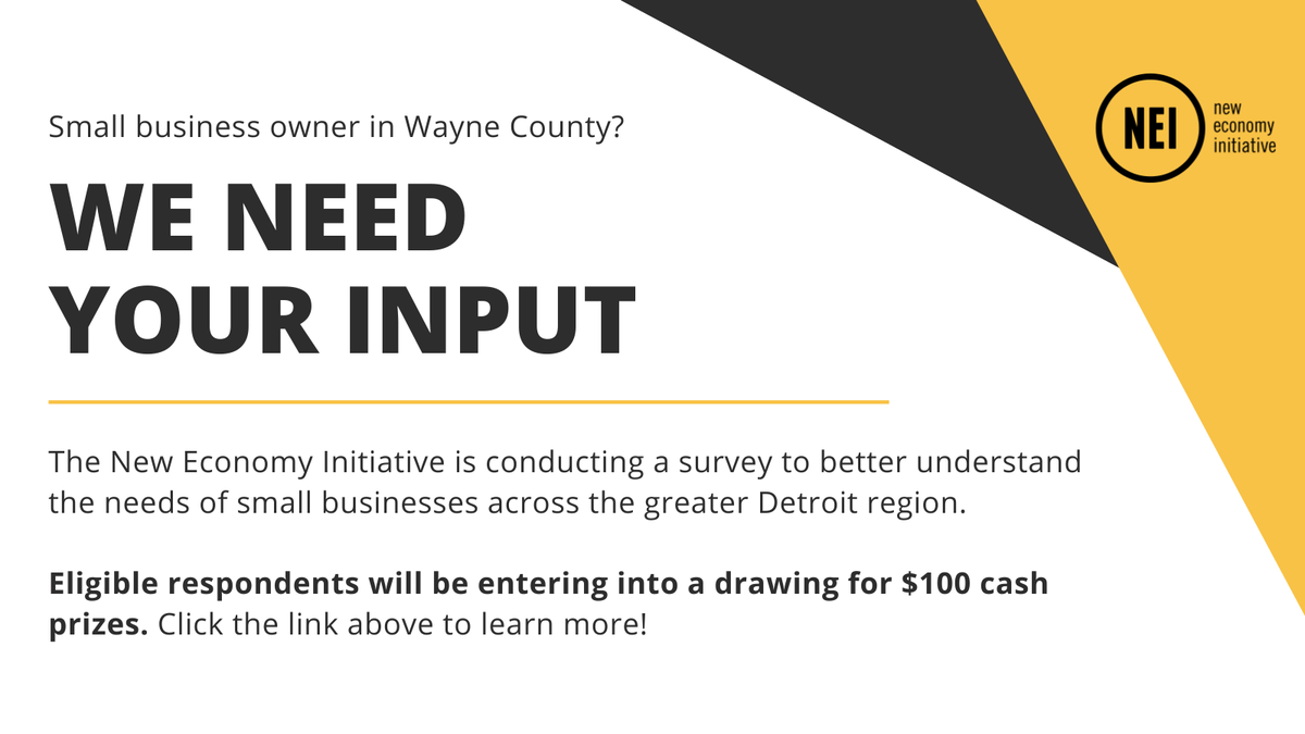 NEIdetroit's tweet photo. NEI is conducting a survey to better understand the needs and challenges of Wayne County business owners. If you are a Wayne County business owner, please take a few moments to complete the survey and share with your network to ensure we have a wide reach. https://t.co/ZO4Mn0QcIT https://t.co/3j6NbOLuUV