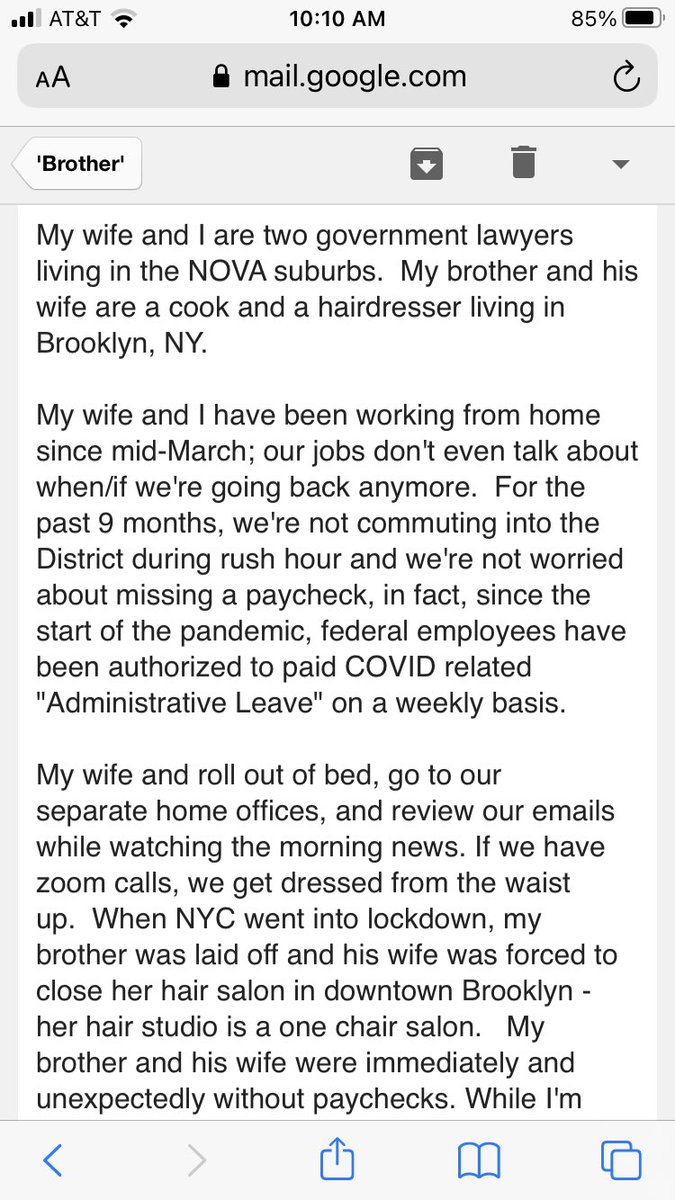 “A Tale of Two Pandemics” - Brilliant, self-aware, lacerating email from a man whose  #covid experience has been very different than his brother’s.“I don’t want to hear ‘we’re all in this together’... because that’s a lie.”Worth reading to the end (6 screenshots).