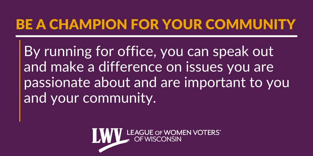 LWV_WI's tweet photo. Running for office is a great way to make a difference in your community - whether that is at the federal, state, county or local level. Here are a few reasons to run for office in the 2021 Spring Elections. 

For more information, visit https://t.co/TuIQETfZ7Q https://t.co/r4FIOwM6Ux