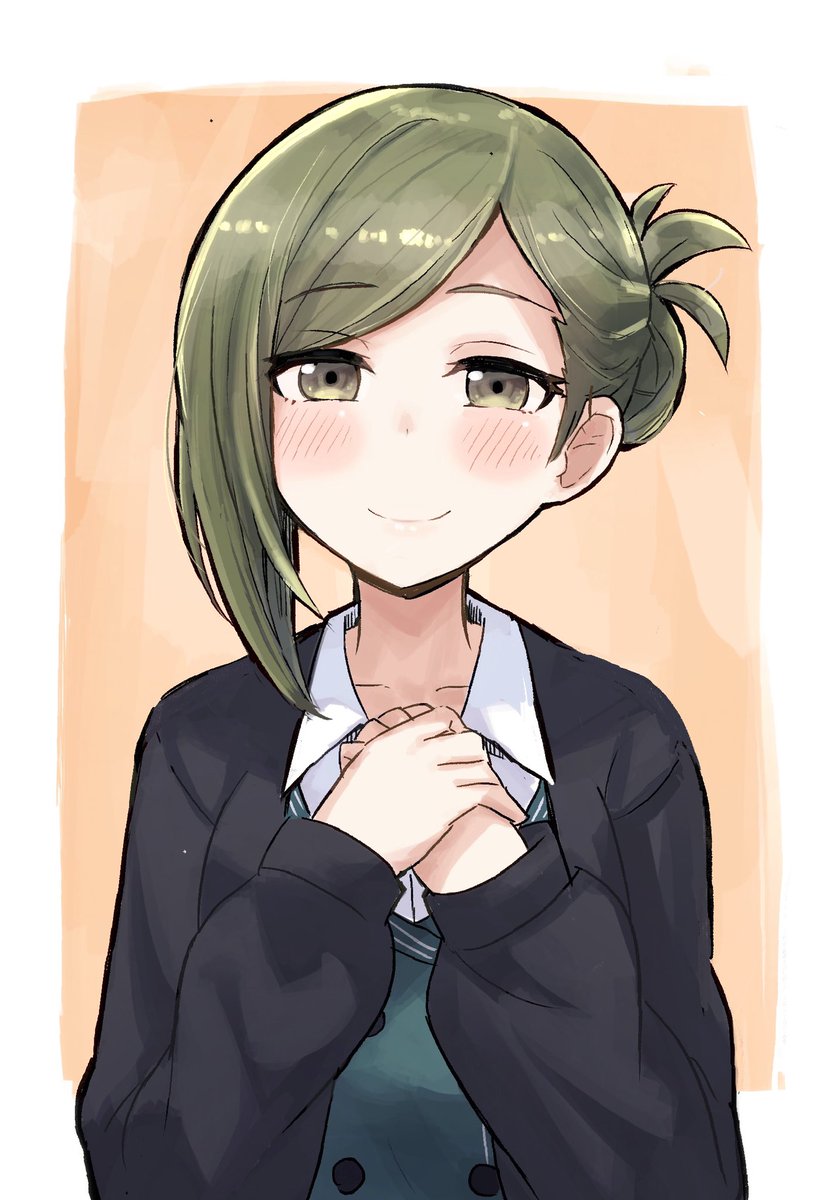 1girl solo green hair smile blush folded ponytail office lady  illustration images