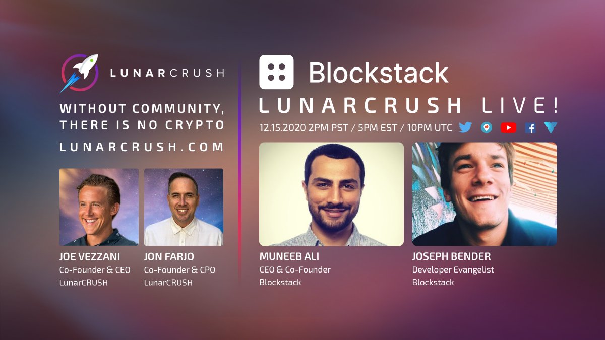 Join <a href="/muneeb/">muneeb.btc</a> and <a href="/JosephBender/">Joe Bender</a> of #Blockstack next Tuesday, December 15 at 2pm PST (10pm PST) on @LunarCRUSH Live! Get social insights, learn about $stx, and get answers to your questions. Already have a question for the Blockstack team? Ask below!👇

youtube.com/watch?v=-wKn0b…