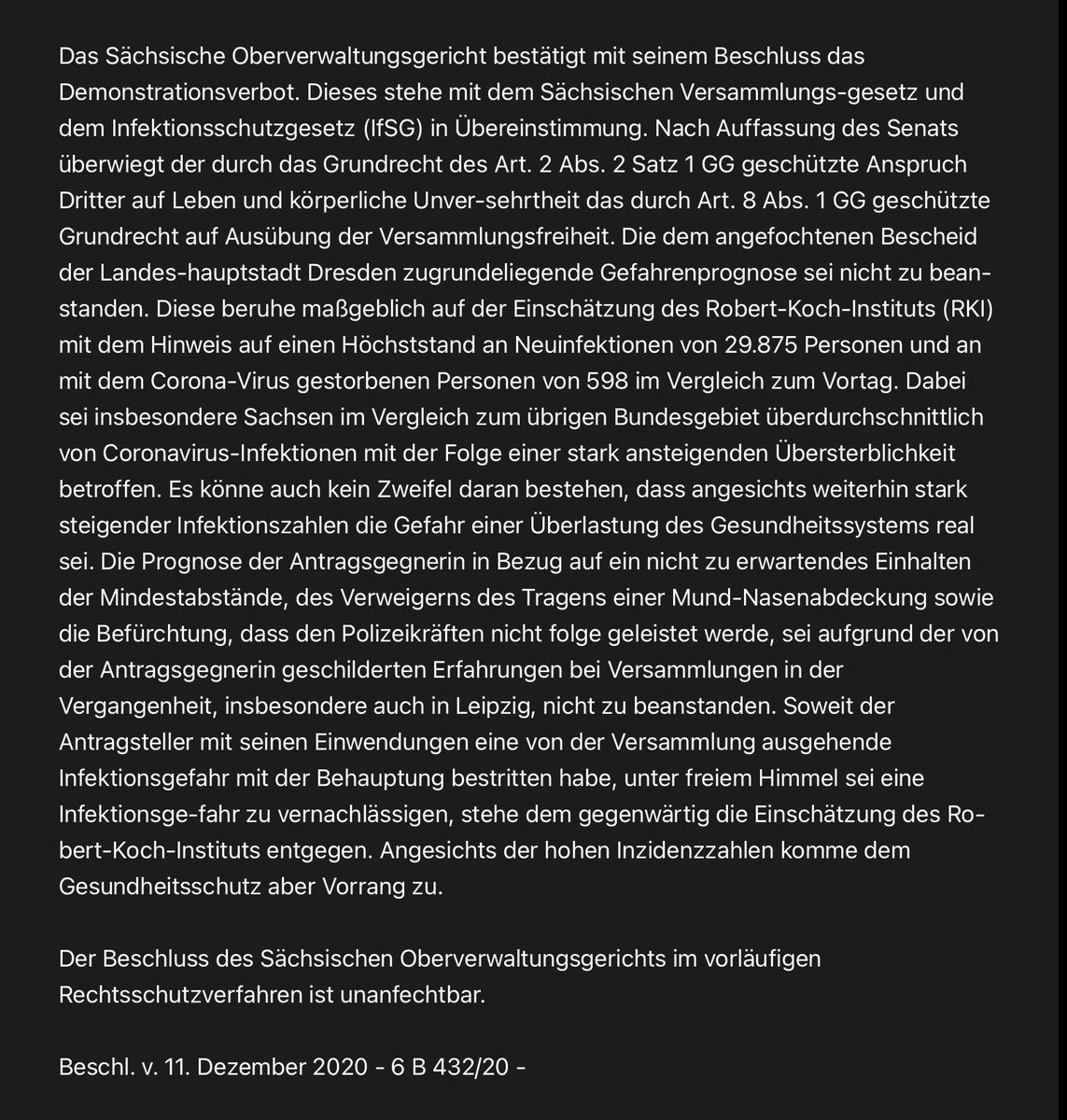 Das Sächsische #OVG #Bautzen - noch in bester Erinnerung wegen #LE0711 - bestätigt um 01:45 Uhr das #Demonstrationsverbot für #Querdenken #DD1212: Die der Stadt #Dresden zugrundeliegende #Gefahrenprognose sei „nicht zu beanstanden“. Die Presseerklärung im vollständigen Wortlaut: