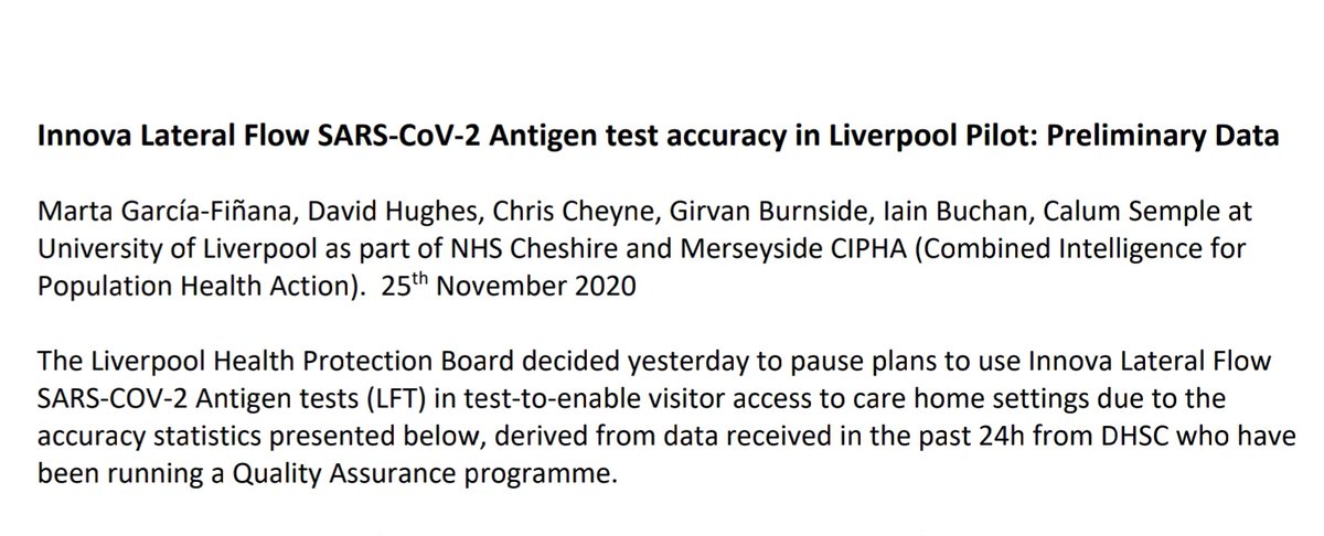 The full results of the Liverpool LFT trial have been released.False positives are much lower than expected, but false negatives much worse.Liverpool has now paused plans to use the tests on care home visitors, following Sheffield and Manchester. https://www.gov.uk/government/publications/innova-lateral-flow-sars-cov-2-antigen-test-accuracy-in-liverpool-pilot-preliminary-data-26-november-2020