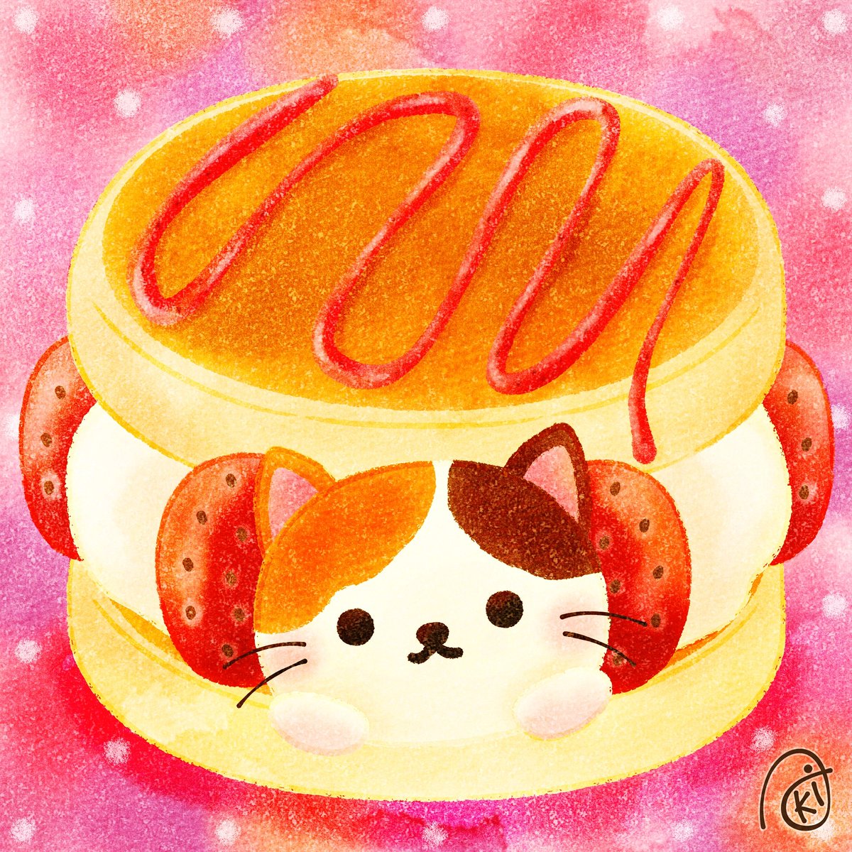 いちごサンドパンケーキ イラスト お絵描き 猫 三毛猫 いちごサンド Akiのイラスト