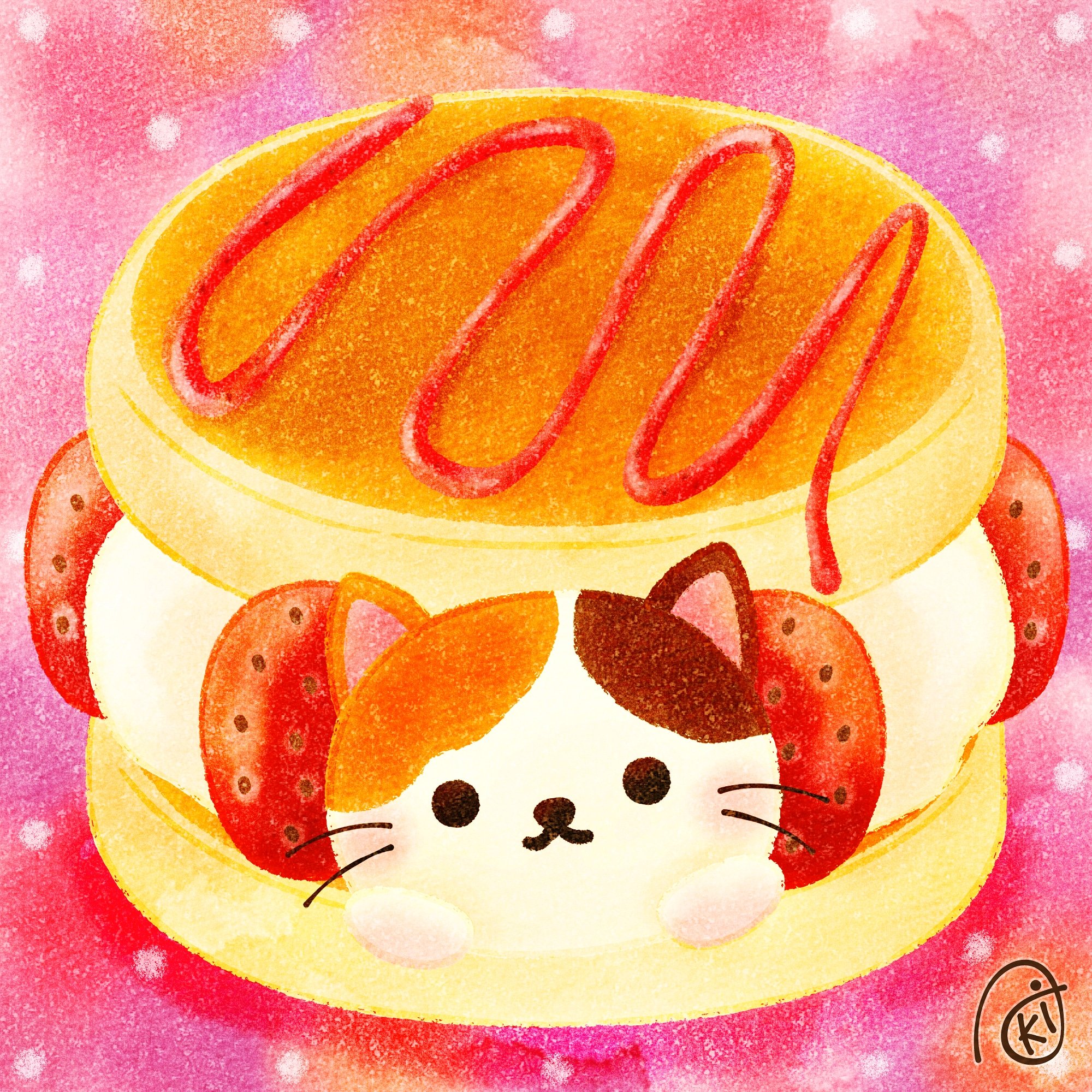 t0s10321様オーダー絵画「三匹の猫と苺パンケーキ」 原画「三匹の猫〜苺パンケーキ v4」イラスト/アート/絵画/猫