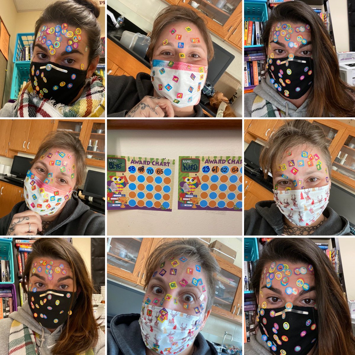 MsBlyereads's tweet image. Pandemic teaching at it’s finest! @elysej4rj &amp;amp; I may look silly &amp;amp; pulling off the stickers hurt, but it worked! We saw/heard from so many kids today!🥰 Day 1:#BlyeWardPandemicParticipationchallenge 🥳. TY to #teachertiktok for the #stickertrend inspiration!#MaskUp #TheThingsWeDo