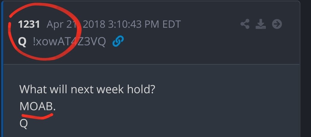 MOARBack a couple of weeks before the election, Q posted a link to a video showing a "bunker buster" in action.Timestamp 12:00:31Drop 1231???What will next week hold?MOAB  