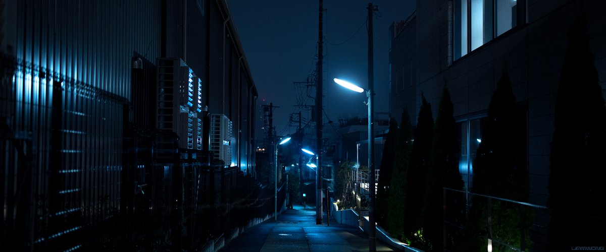 Photography by Liam Wong of Tokyo after 3am. An empty back alley lit up by halogen street lamps.