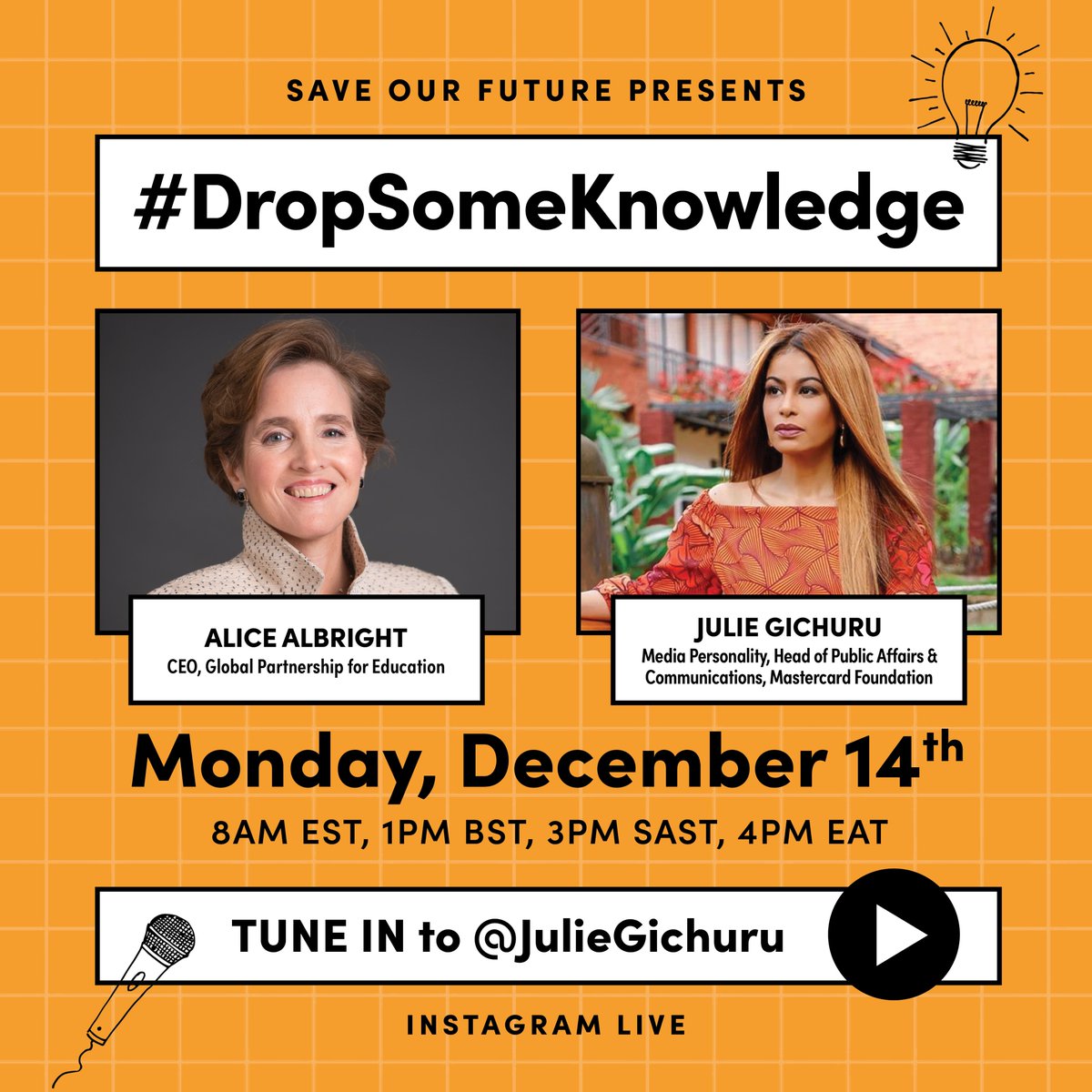 GPforEducation's tweet photo. Join Julie Gichuru of @MastercardFdn & GPE CEO @AliceAlbright for #DropSomeKnowledge IG Live tomorrow.
They'll talk about reimagining learning that's more relevant & inclusive.
Tune in to @JulieGichuru's IG account! https://t.co/5I9Zw17x18
#SaveOurFuture @savefuturenow https://t.co/VuHPEll7qh