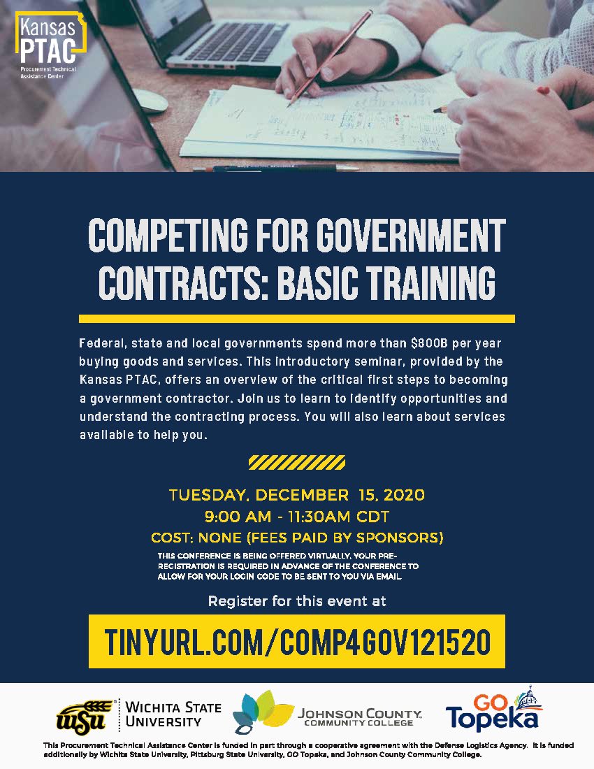 We’re hosting the last workshop for the year next Tuesday. Be sure to register below! 

tinyurl.com/comp4gov121520 🗓📌

#KSPTAC #Kansas #smallbiz  #smallbusinessowners #GovCon #Workshop #freeworkshop