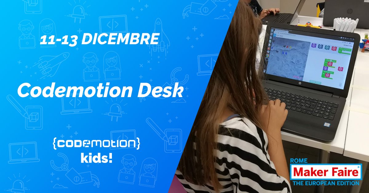 Anche oggi siamo pronti per la <a href="/MakerFaireRome/">Maker Faire Rome - The European Edition</a>!
Non perdetevi il nostro Codemotion Desk per scoprire tante attività e suggerimenti sull'uso creativo della tecnologia. 

Iscrivetevi subito! Oggi dalle 11 alle 12 e dalle 15 alle 17

digital.makerfairerome.eu/#/projects/5fc…

#MFR2020