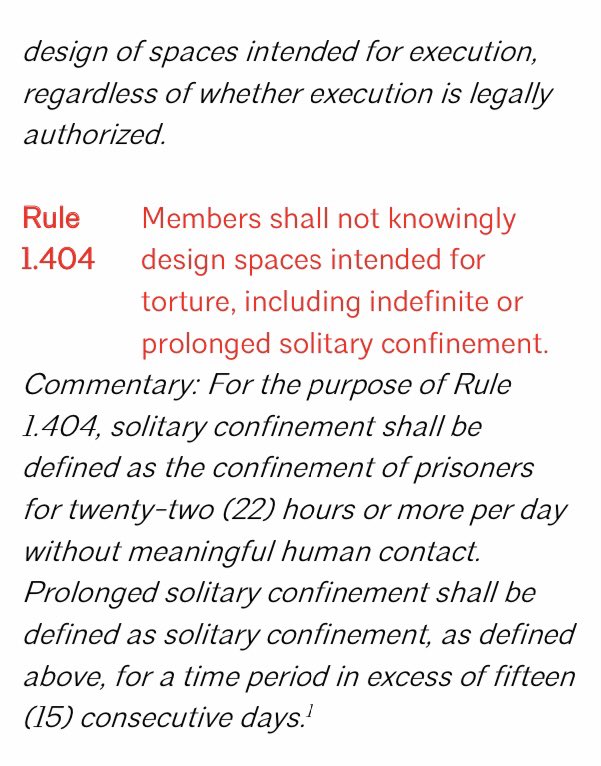 jdakwar's tweet image. Excellent news! The American Institute of Architects approved new ethical rules prohibiting its members from knowingly designing spaces intended for execution and torture, including indefinite or prolonged solitary confinement of prisoners. aia.org/press-releases… @AIANational