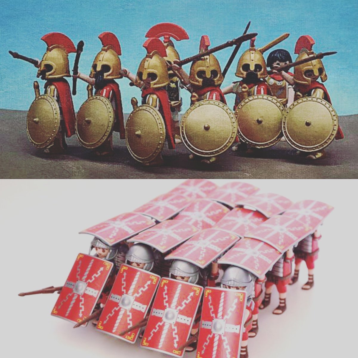 Formación de hoplitas griegos y de testudo romano de playmobil.  Me encantan.