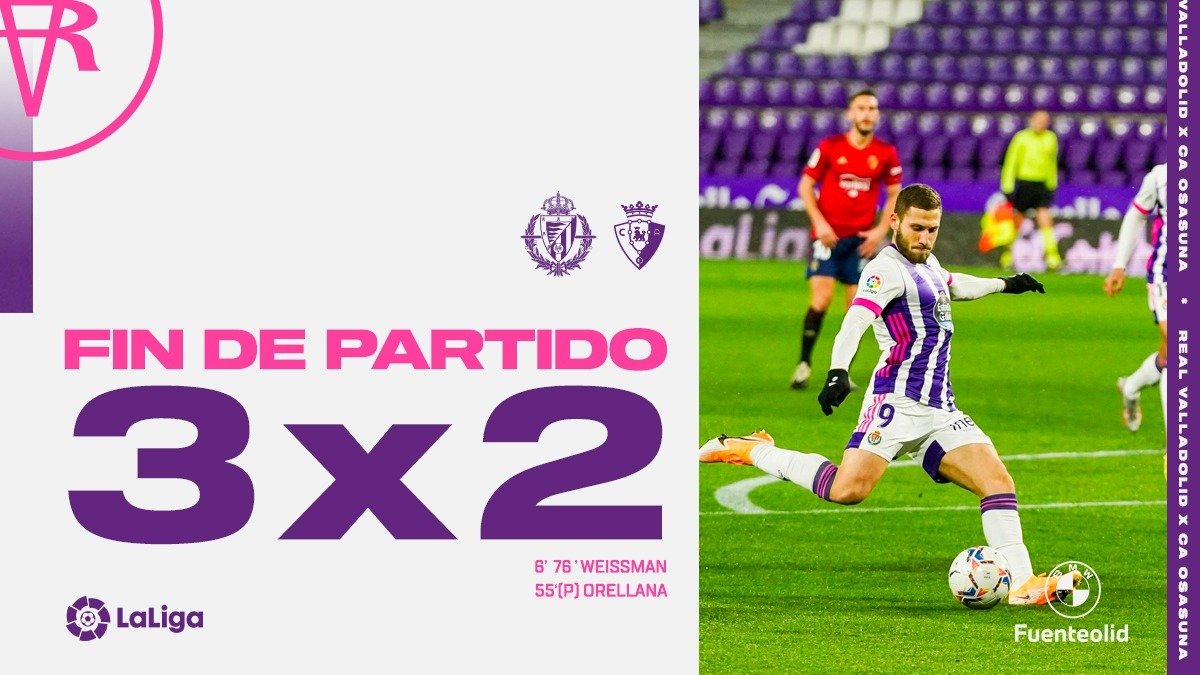 🏁 90' |3-2| FINAL DEL PARTIDO.
¡3 victorias! ¡+ 3 puntos!
¡PARTIDAZO EQUIPO! ¡Le dimos la vuelta! 💜💪

#RealValladolid | #RealValladolidOsasuna | #BMWfuenteolid