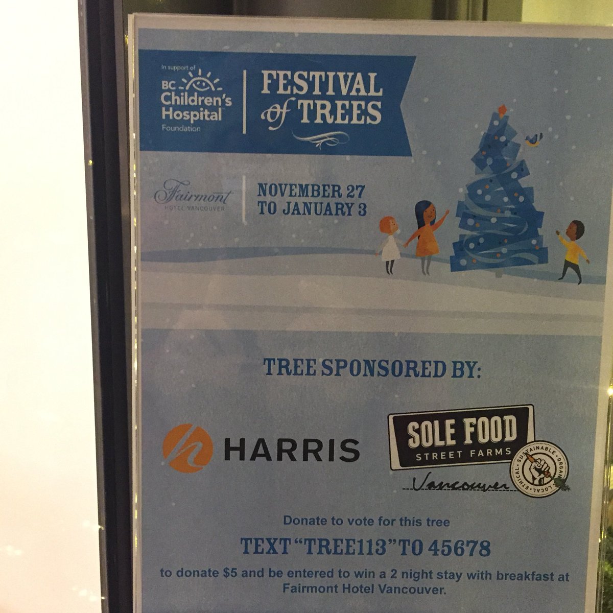 SoleFoodFarms's tweet photo. @HarrisCoLLP sponsored a tree the Festival of Trees to raise money for BC Children's Hospital. Text "tree113" to 45678 to donate and be entered to win a 2 night stay at Hotel Vancouver https://t.co/5wrCCz4vt5