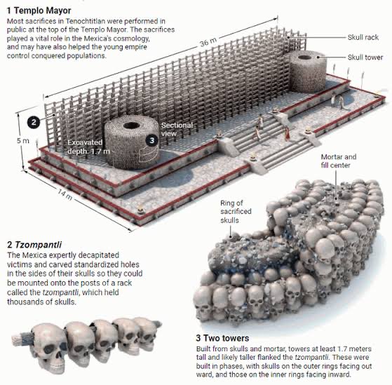 Existían varios Tzompantin en Tenochtitlán, siendo el más grande el de la calle Guatemala, ubicado dentro del recinto ceremonial de la capital mexica. Tenía 2 torres hechas de argamasa y cráneos humanos. En la actualidad se ha encontrado solamente una torre. Aquí una infografía