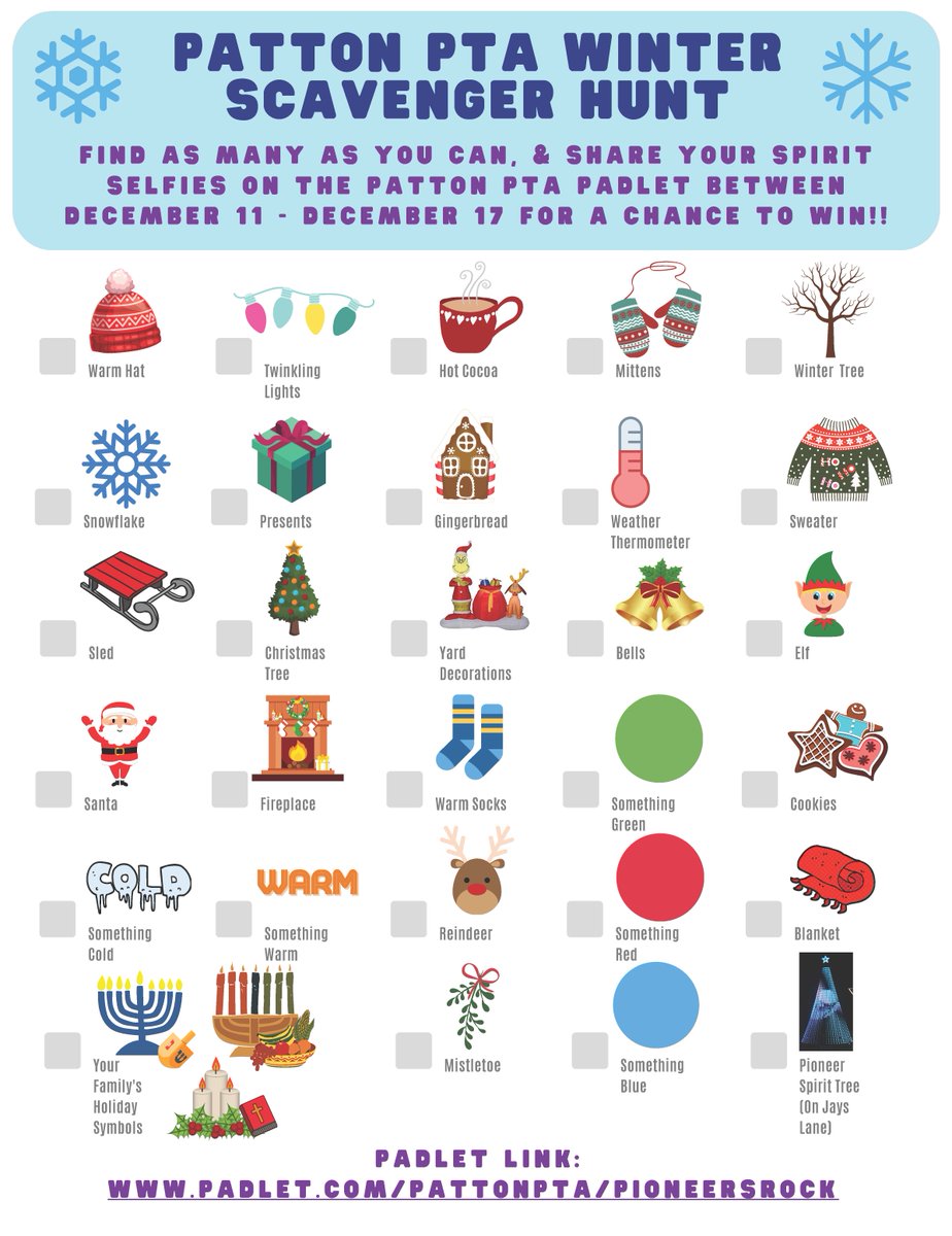 Our Winter Scavenger Hunt begins today! Upload your Scavenger Hunt pictures to Padlet with your child’s name & teacher for a chance to win a $10 Amazon gift card. Winners will be announced on 12/17 on Padlet! padlet.com/pattonpta/Pion…