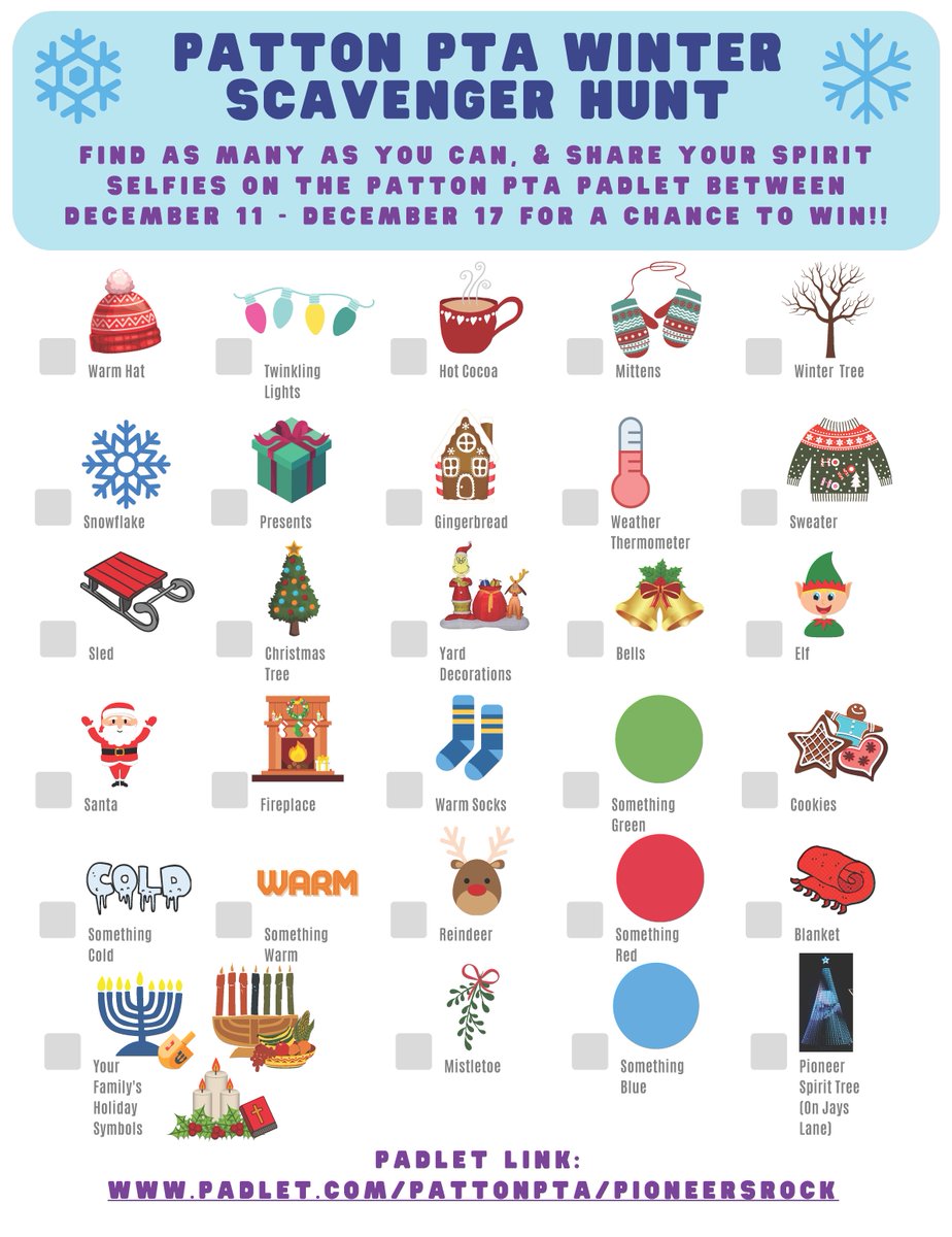 Our Winter Scavenger Hunt begins today! Upload your Scavenger Hunt pictures to Padlet with your child’s name &amp; teacher for a chance to win a $10 Amazon gift card. Winners will be announced on 12/17 on Padlet! padlet.com/pattonpta/Pion…
