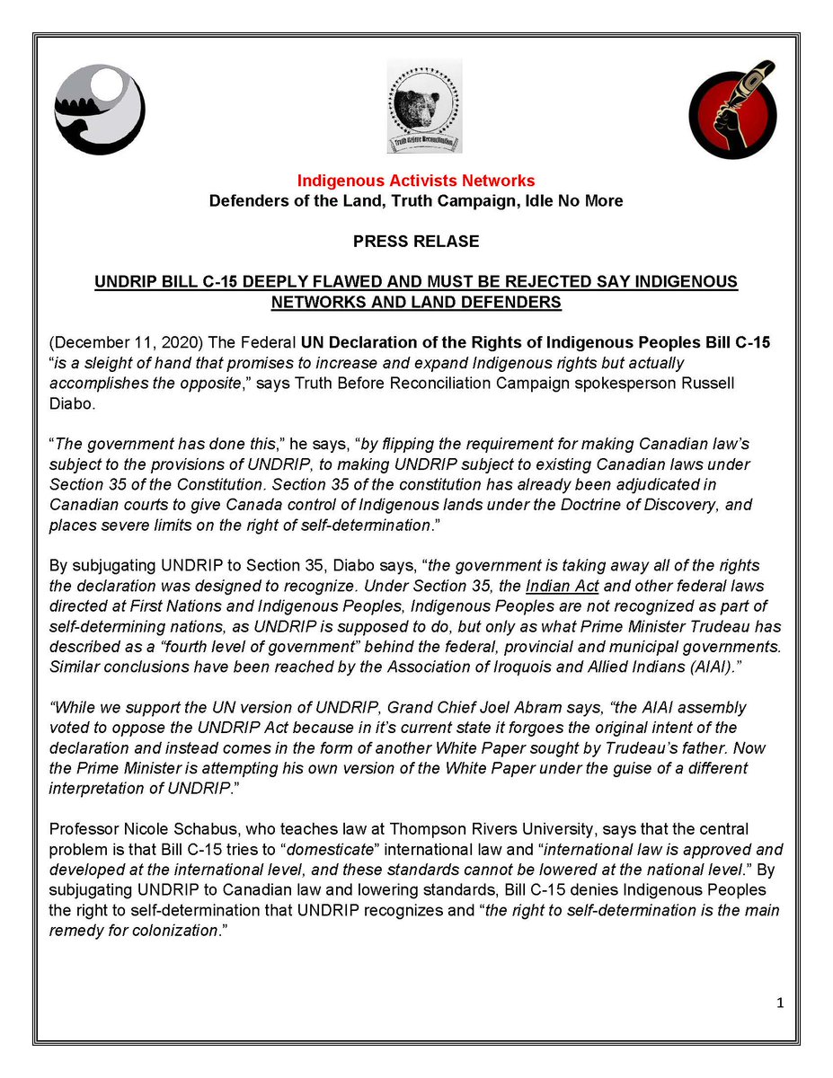 RussDiabo's tweet photo. RED ALERT!
Indigenous Activist Networks Defenders of the Land, Truth Campaign, and Idle No More say:
UNDRIP BILL C-15 DEEPLY FLAWED AND MUST BE REJECTED! https://t.co/RcfTXa2F7s https://t.co/xwOOoZMoik