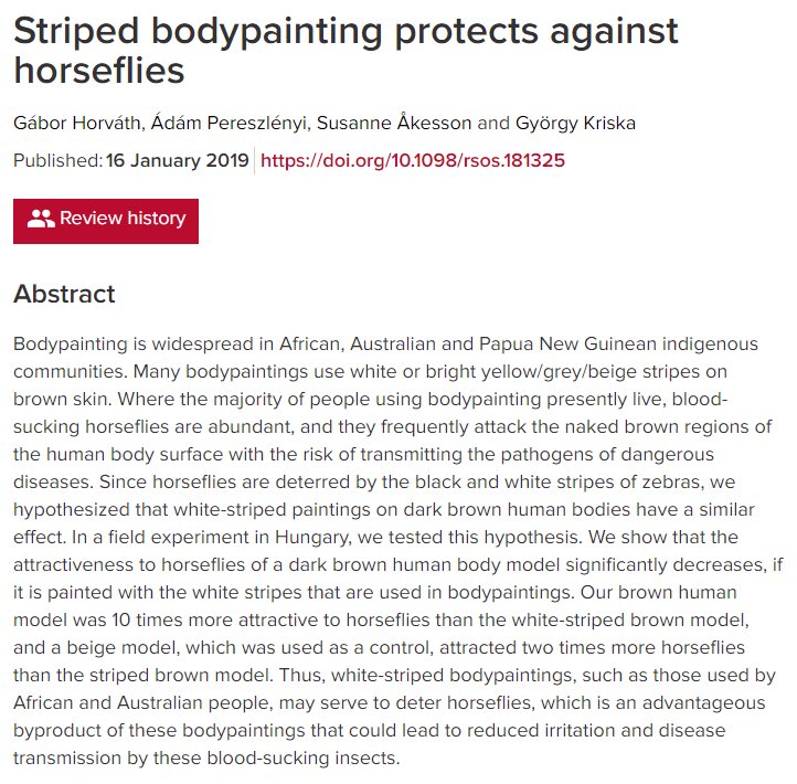 What other animals achieve through biological evolution, humans achieve through culture. "[W]hite-striped bodypaintings, such as those used by African and Australian people, may serve to deter horseflies."  https://royalsocietypublishing.org/doi/10.1098/rsos.181325