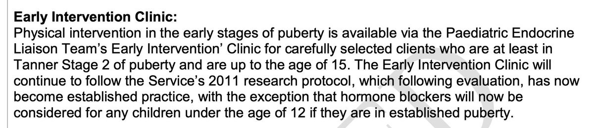 At this point GIDS made a key error: they removed the lower age limit of 12 saying it was “obviously fairer” to offer blockers to children “if they started puberty aged 9 or 10.” “Following evaluation” they also lifted them out of the study & introduced blockers into general use.