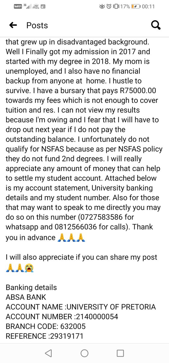 MashuduRebecca's tweet photo. Dear Twitter family, I'm in desperate need of help in setting my student account. I'm an MBChB student at University of Pretoria. Attached is lil background of myself, my student account statement and university banking details. Please share my tweet 🙏🙏🙏. https://t.co/EpY1qveKr2