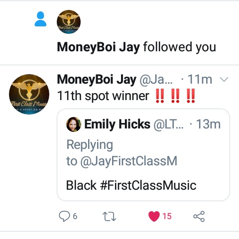 LTBLOGGING_FML's tweet photo. I got a entry and a mfn follow πππ
Thank you @JayFirstClassM
#FirstClassMusic https://t.co/CWlygrQ2EH