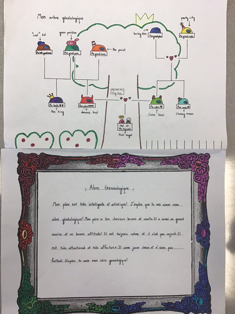 Today Ss in 6/7E practised presenting their family trees to each other & giving feedback (2 étoiles & 1 escalier). Among Us & characters from the Percy Jackson world are some of the creative ways Ss shared understanding of our unit. @mariadiolitsis @GABrownMS_TDSB #TDSBFSL