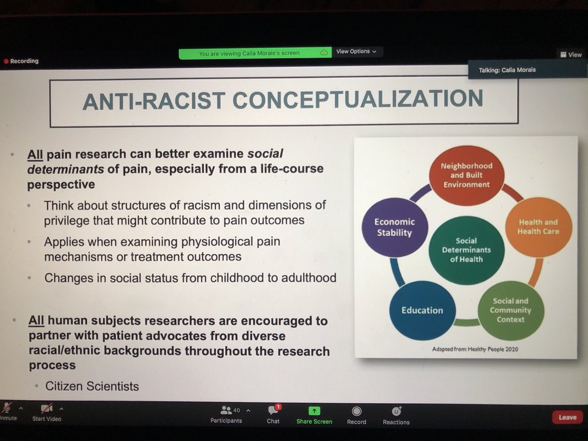 megmarie_miller's tweet image. ⁦@DrCaliaMorais⁩ discussing how #pain researchers can implement #antiracist strategies in our work! #USASP2020