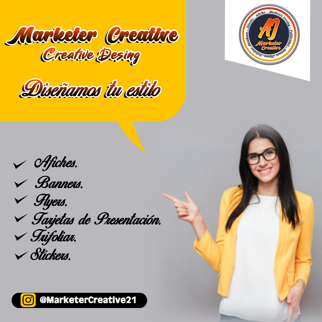 CreatiMarketer's tweet photo. Te ayudamos en la realización de tus ideas en diseño. Síguenos en Twitter: @CreatiMarketer y en FB: Marketer Creative y danos tu Like y compartelo con tus amigos.#Diseñantusideas #MarketerCreative #Flyer #Banners #Afiches #Tarjetadepresentación #Trifoliar #Stickers https://t.co/aYQsvxrDTL