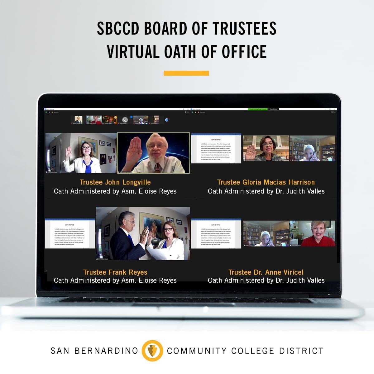 SBCCDcolleges's tweet photo. Congrats to Trustees John Longville, Gloria Macias Harrison, Frank Reyes &amp; Dr. Anne Viricel on their re-election to serve students on the SBCCD Board! Thank you to @AsmReyes47 and Dr. Judith Valles for administering their oath of office. #CAHigherEd https://t.co/tYLVSU7Nx8