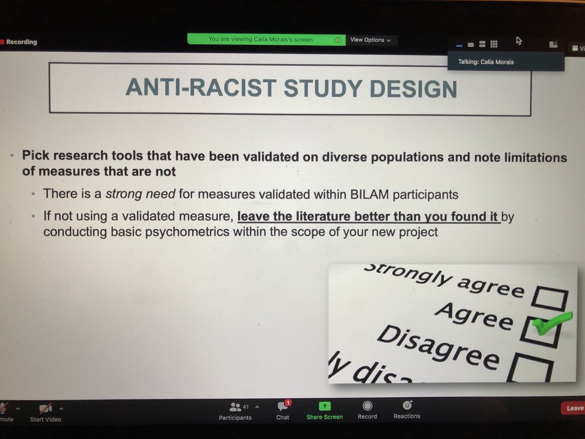 megmarie_miller's tweet image. Carefully considering your choice of research measures is important. Choose measures that have been validated across racial and ethnic identities and explicitly state when it hasn’t. Helpful tips from ⁦@DrCaliaMorais⁩ fantastic presentation! #antiracism #pain #USASP2020